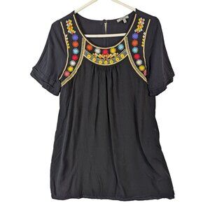 Jodifl Women size S Black Embroidered Flowy Peasant Shift Bohemian Dress Tunic